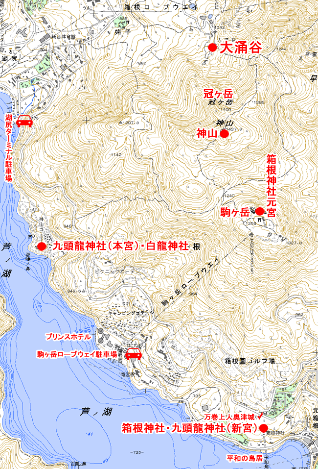 箱根の芦ノ湖畔の九頭龍神社（本宮）の地図