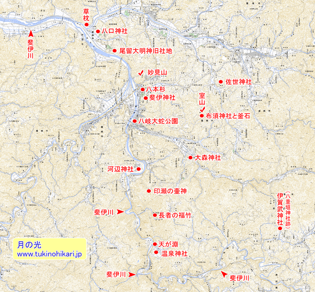 斐伊川の八岐大蛇の伝承地の地図